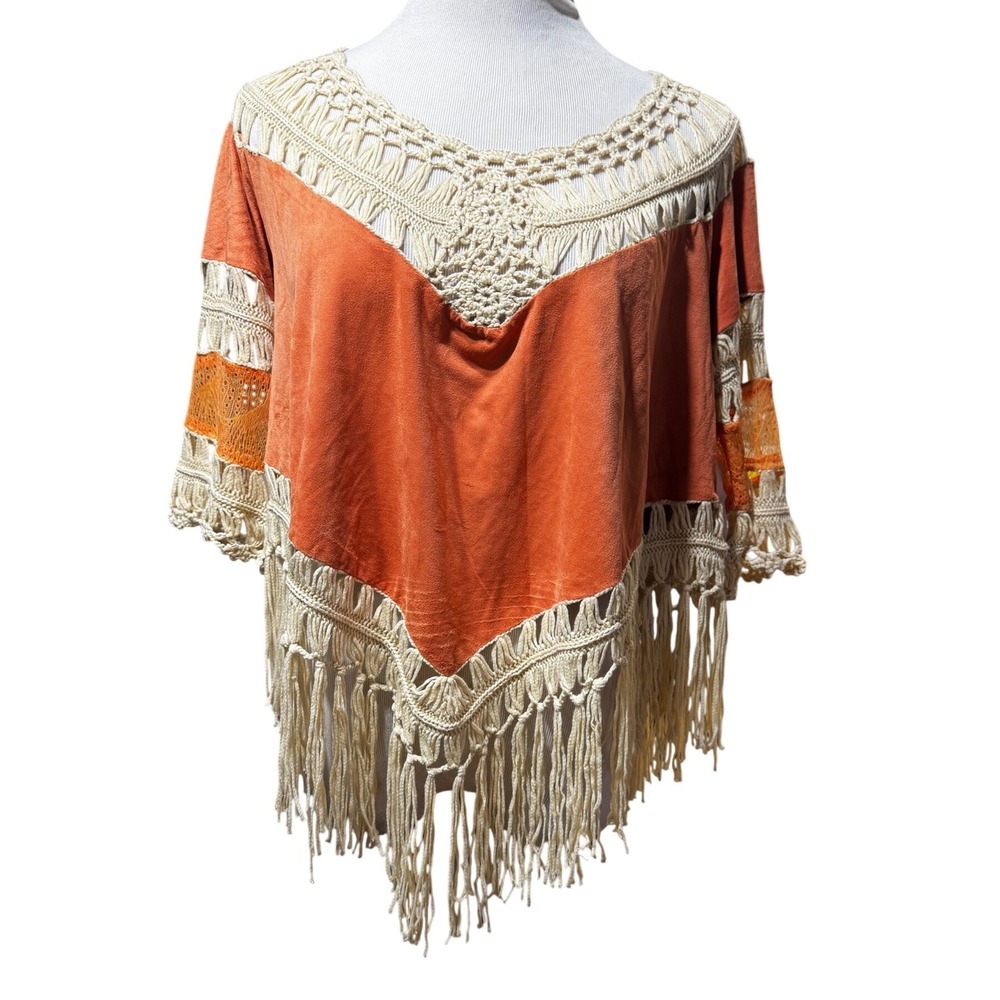 Altar'd State Poncho Women S Rust Orange Faux Suede Crochet Fringe Boho A1480